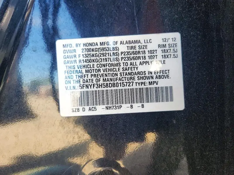 2013 HONDA PILOT EXL  