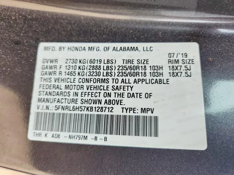 2019 HONDA ODYSSEY EX  