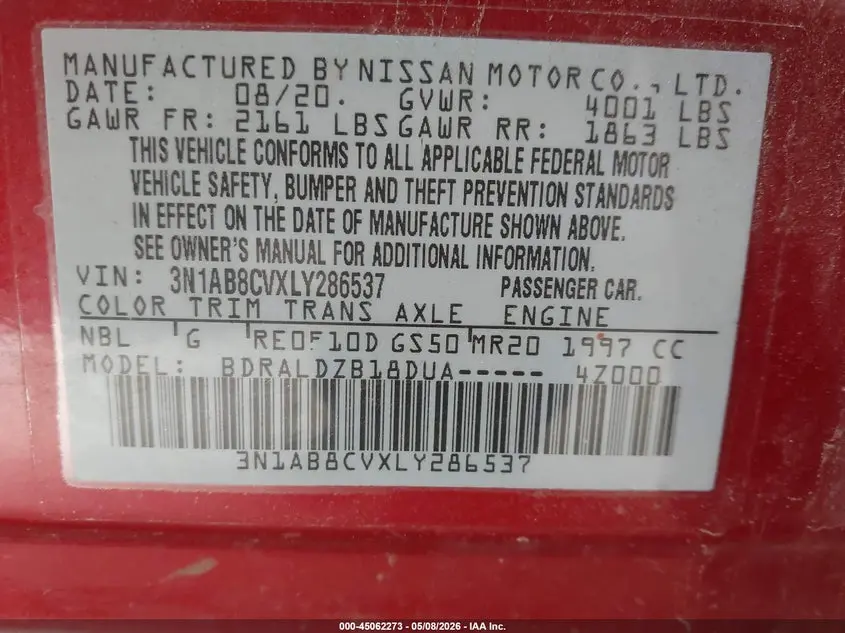 2020 NISSAN SENTRA SV XTRONIC CVT