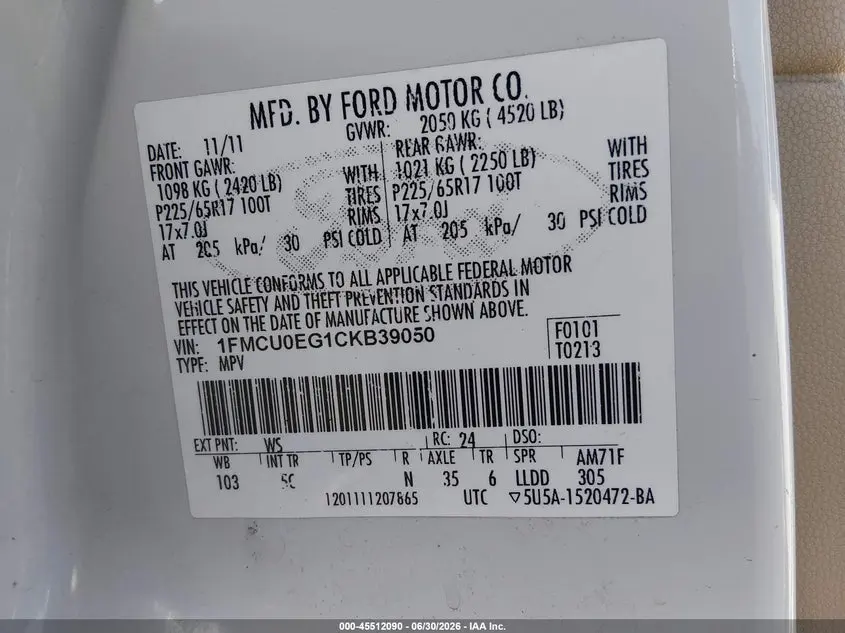 2012 FORD ESCAPE LIMITED