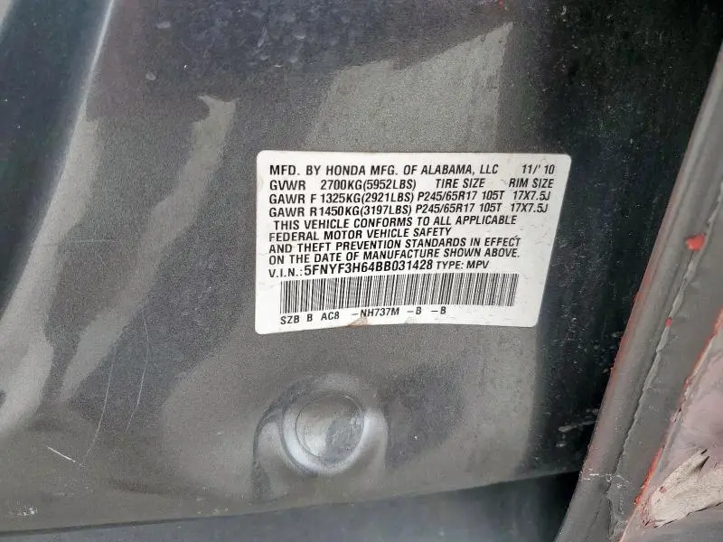 2011 HONDA PILOT EXL  