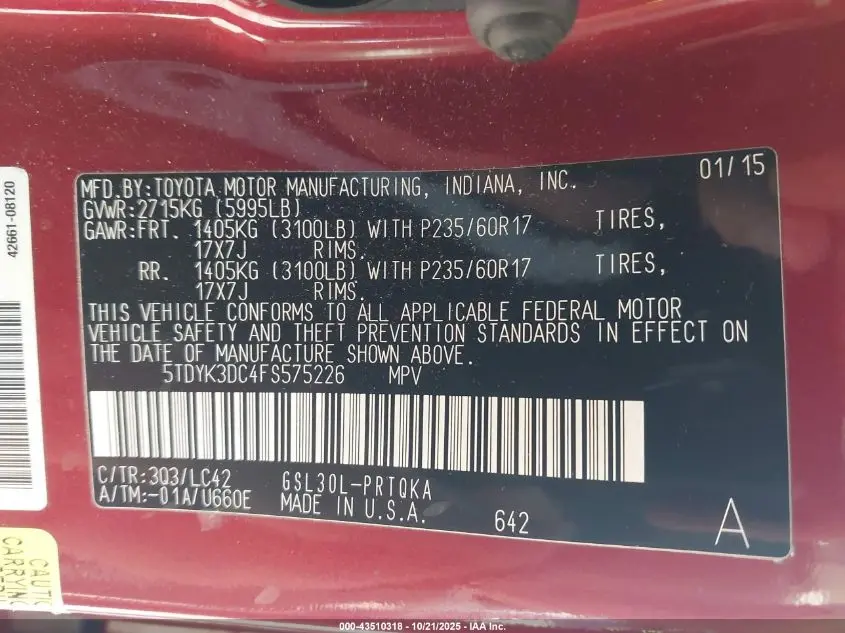 2015 TOYOTA SIENNA XLE 8 PASSENGER