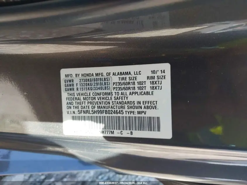 2015 HONDA ODYSSEY TOURING/TOURING ELITE