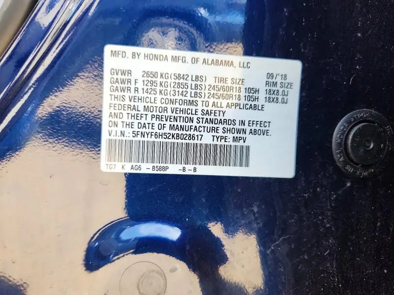 2019 HONDA PILOT EXL  