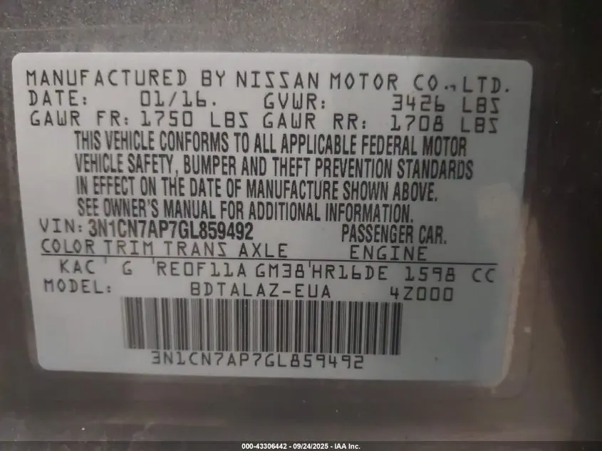 2016 NISSAN VERSA 1.6 S+