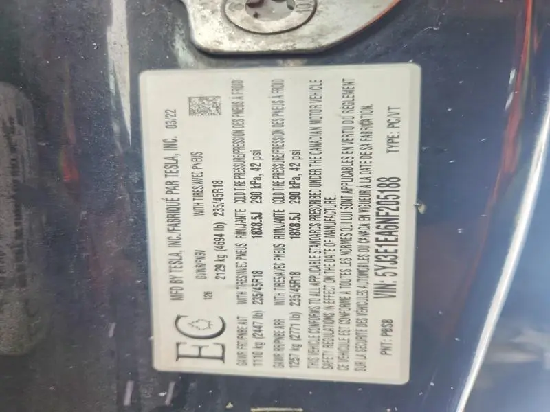 2022 TESLA MODEL 3   