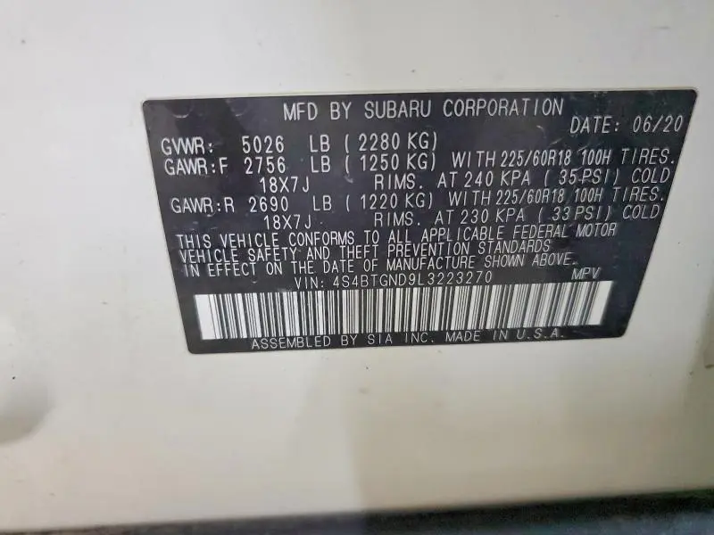 2020 SUBARU OUTBACK LIMITED XT  