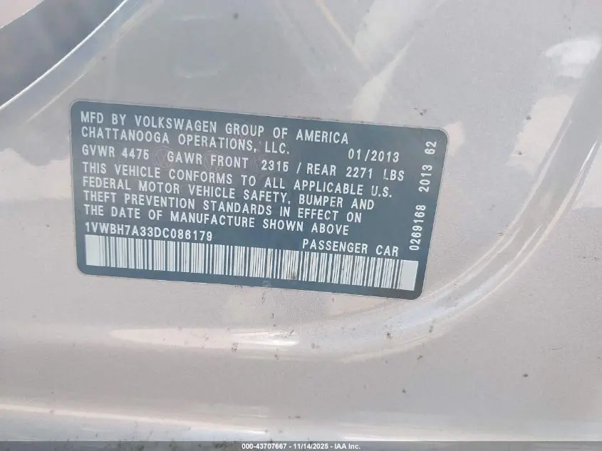 2013 VOLKSWAGEN PASSAT 2.5L SE