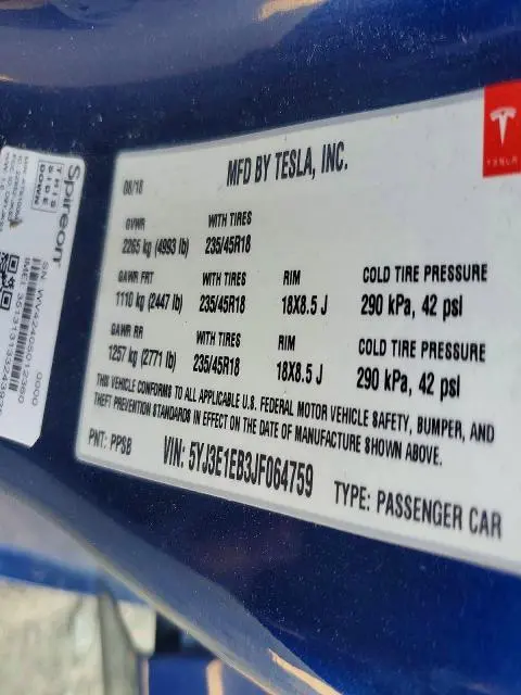 2018 TESLA MODEL 3   