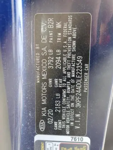 2020 KIA FORTE FE  