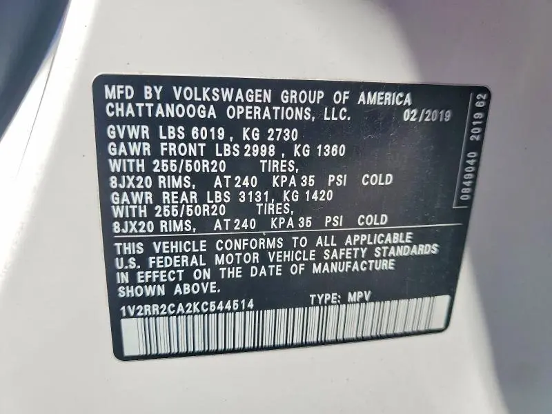 2019 VOLKSWAGEN ATLAS SEL  