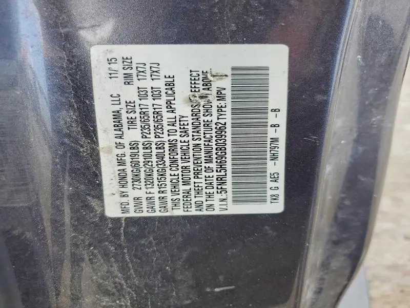 2016 HONDA ODYSSEY EXL  