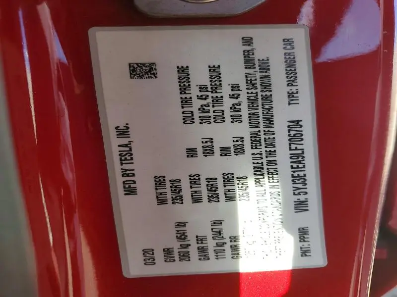 2020 TESLA MODEL 3   