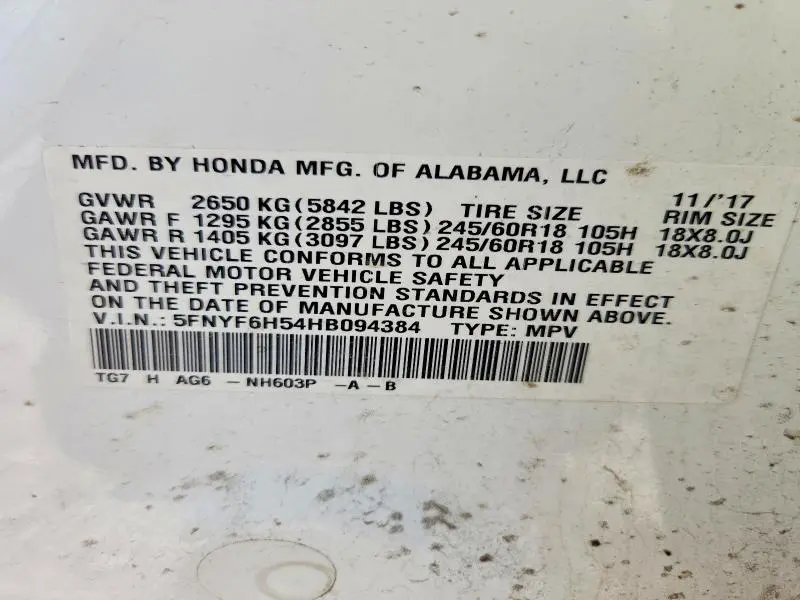 2017 HONDA PILOT EXL  