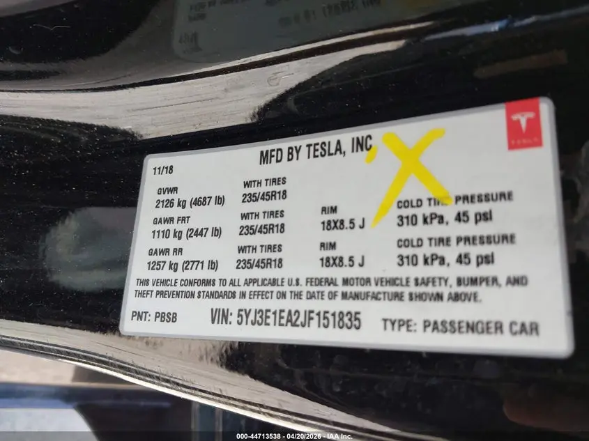2018 TESLA MODEL 3 LONG RANGE/MID RANGE