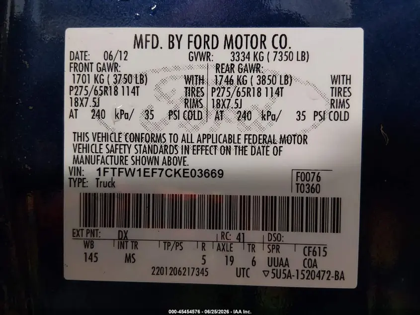 2012 FORD F-150 FX4/KING RANCH/LARIAT/PLATINUM/XL/XLT