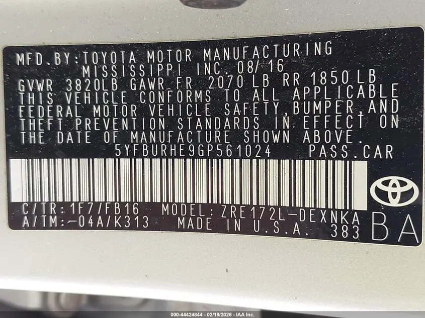 2016 TOYOTA COROLLA LE