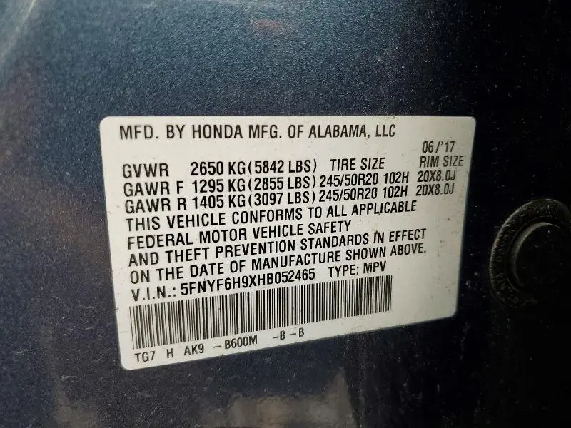 2017 HONDA PILOT TOURING  