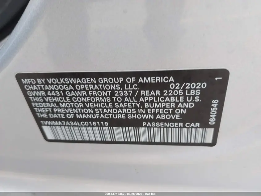2020 VOLKSWAGEN PASSAT 2.0T R-LINE