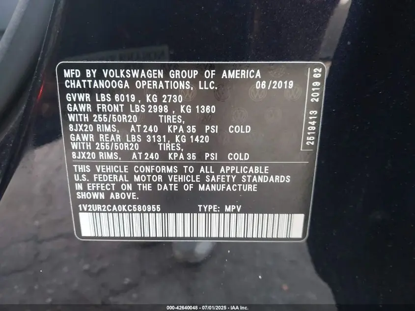 2019 VOLKSWAGEN ATLAS 3.6L V6 SE W/TECHNOLOGY