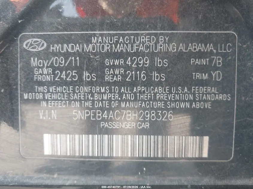 2011 HYUNDAI SONATA GLS