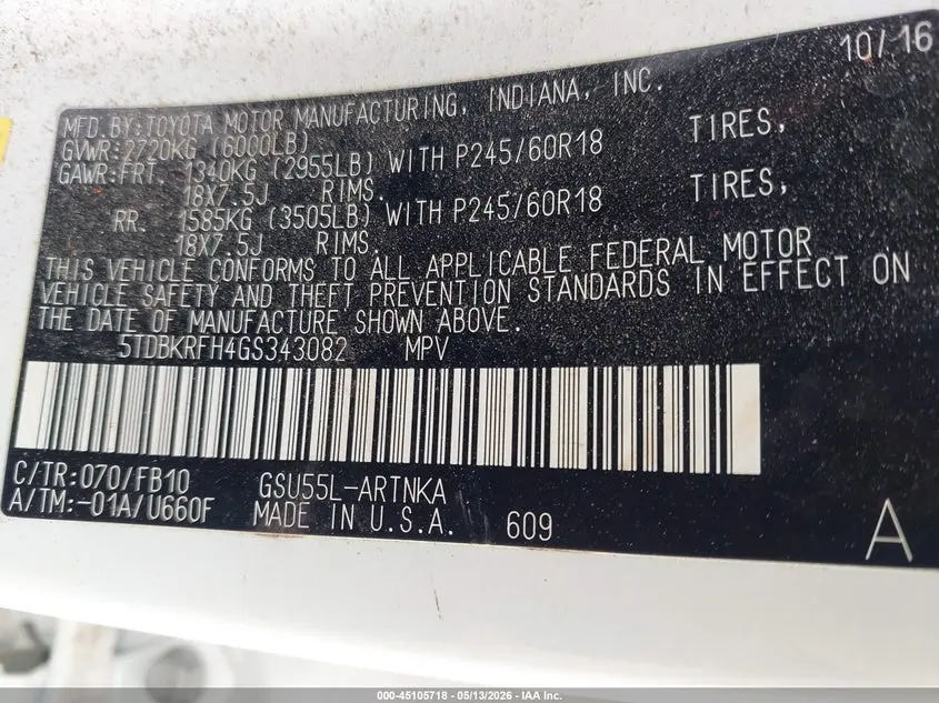 2016 TOYOTA HIGHLANDER LE V6