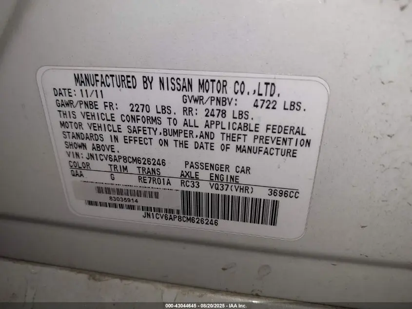 2012 INFINITI G37 JOURNEY