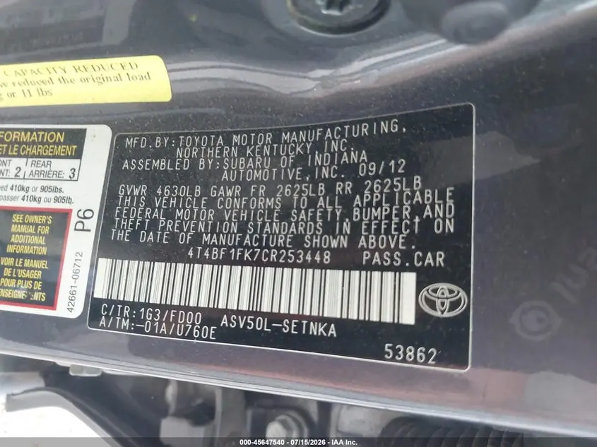 2012 TOYOTA CAMRY LE