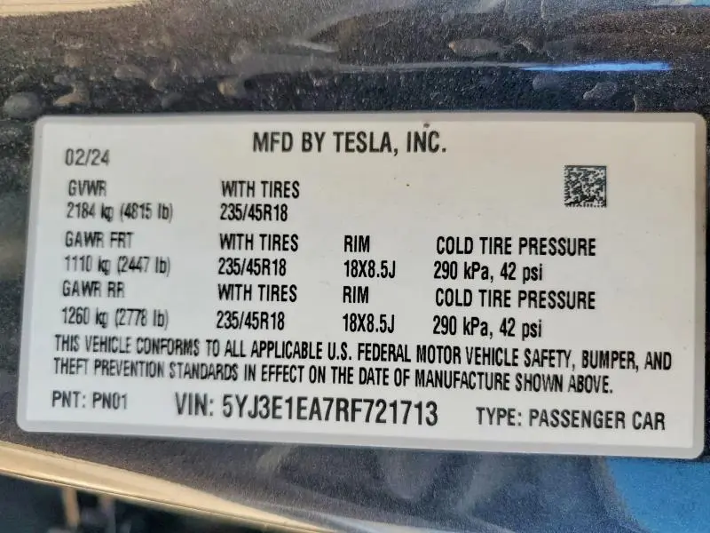 2024 TESLA MODEL 3   