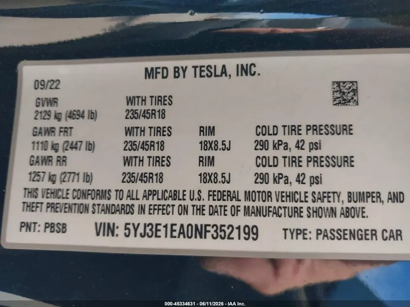 2022 TESLA MODEL 3 REAR-WHEEL DRIVE