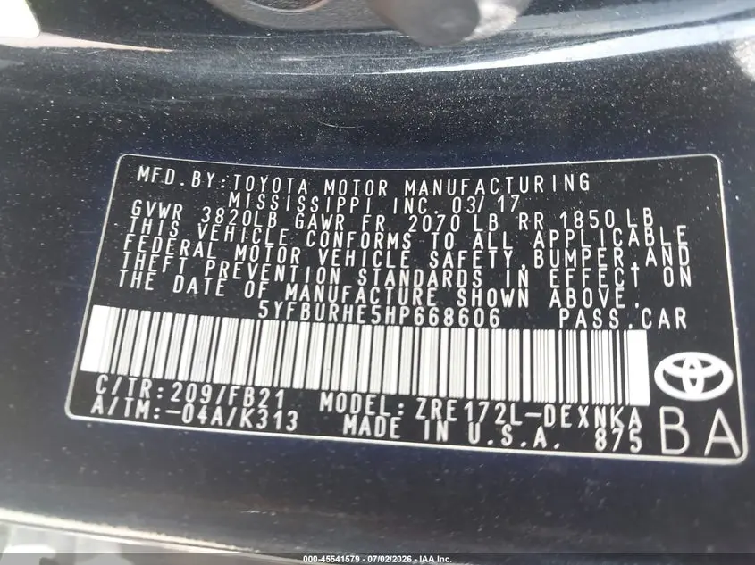 2017 TOYOTA COROLLA LE