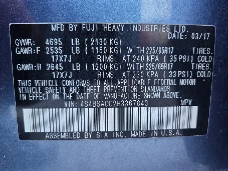 2017 SUBARU OUTBACK 2.5I PREMIUM  