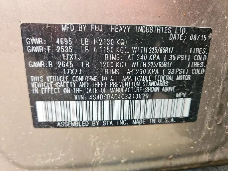 2016 SUBARU OUTBACK 2.5I  