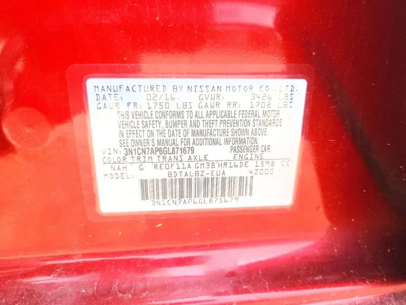 2016 NISSAN VERSA 1.6 SV  