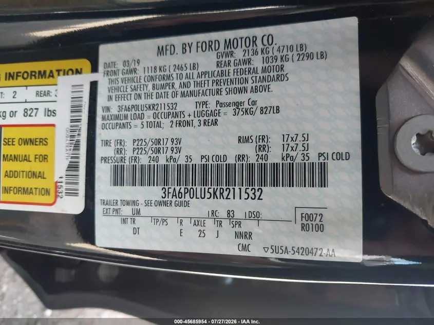 2019 FORD FUSION HYBRID SE