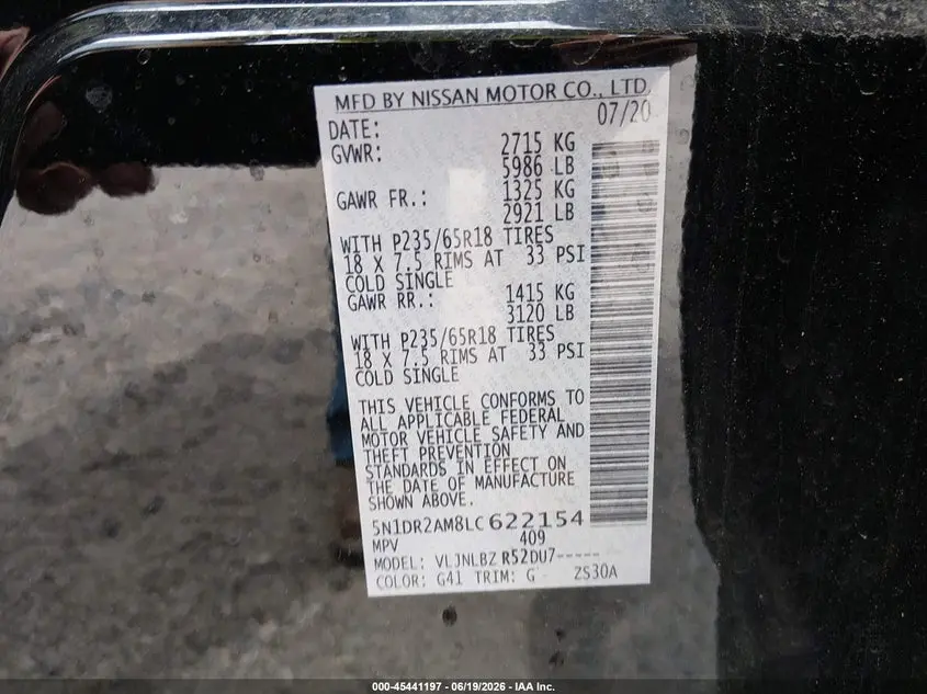 2020 NISSAN PATHFINDER S 4WD