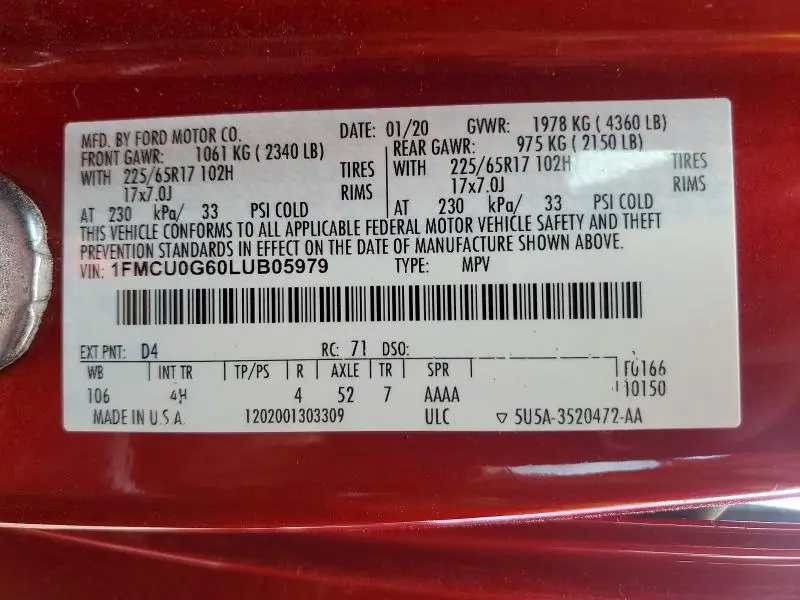 2020 FORD ESCAPE SE  
