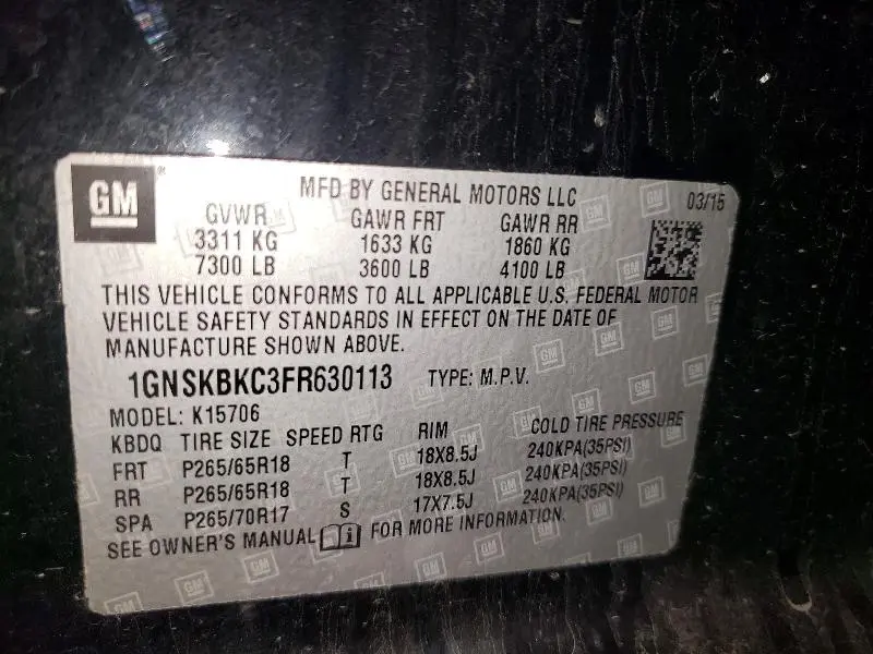 2015 CHEVROLET TAHOE K1500 LT  