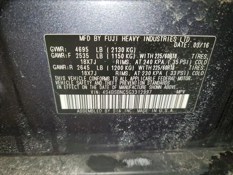 2016 SUBARU OUTBACK 2.5I LIMITED  