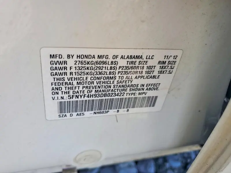 2013 HONDA PILOT TOURING  