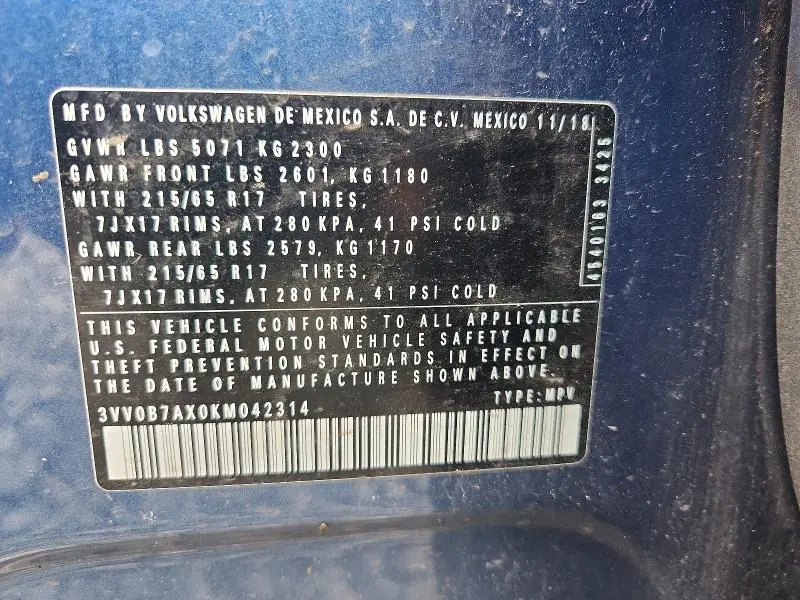 2019 VOLKSWAGEN TIGUAN S  