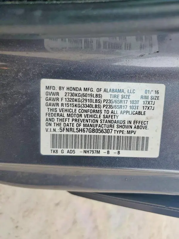 2016 HONDA ODYSSEY EXL  