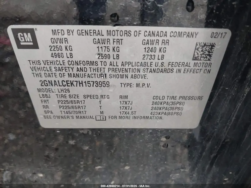 2017 CHEVROLET EQUINOX LT