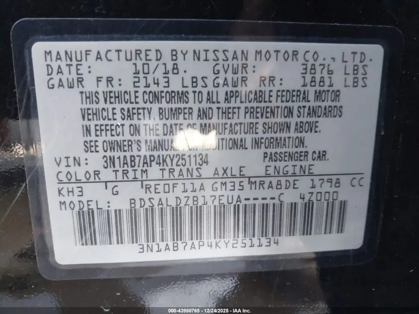 2019 NISSAN SENTRA SV