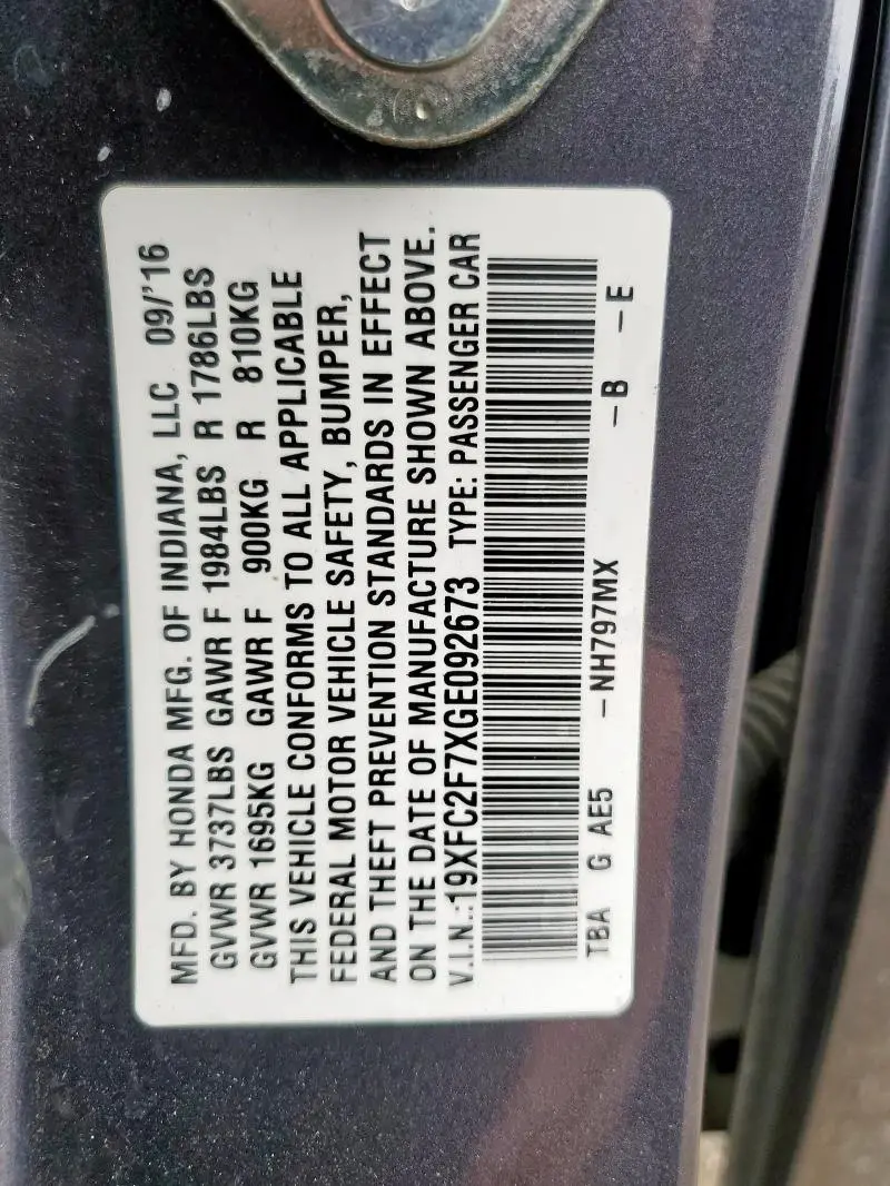 2016 HONDA CIVIC EX  