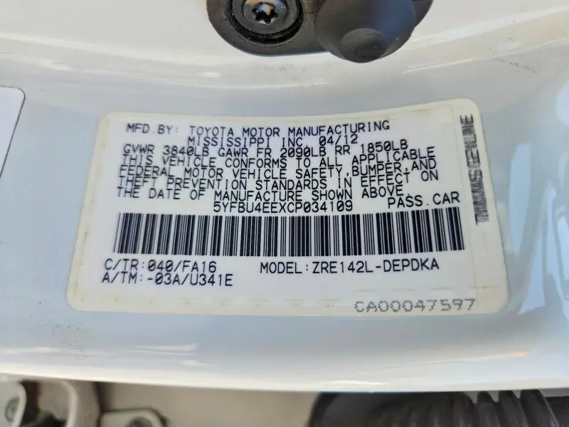 2012 TOYOTA COROLLA L  