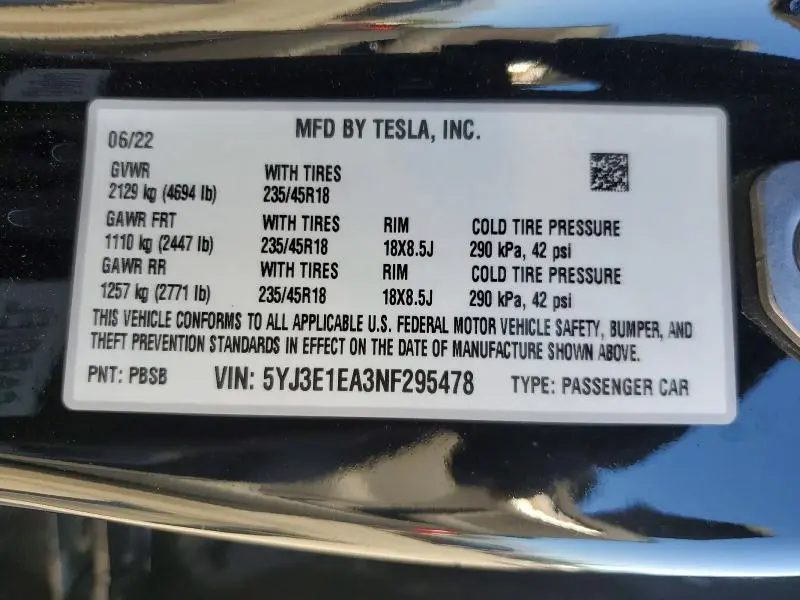 2022 TESLA MODEL 3   