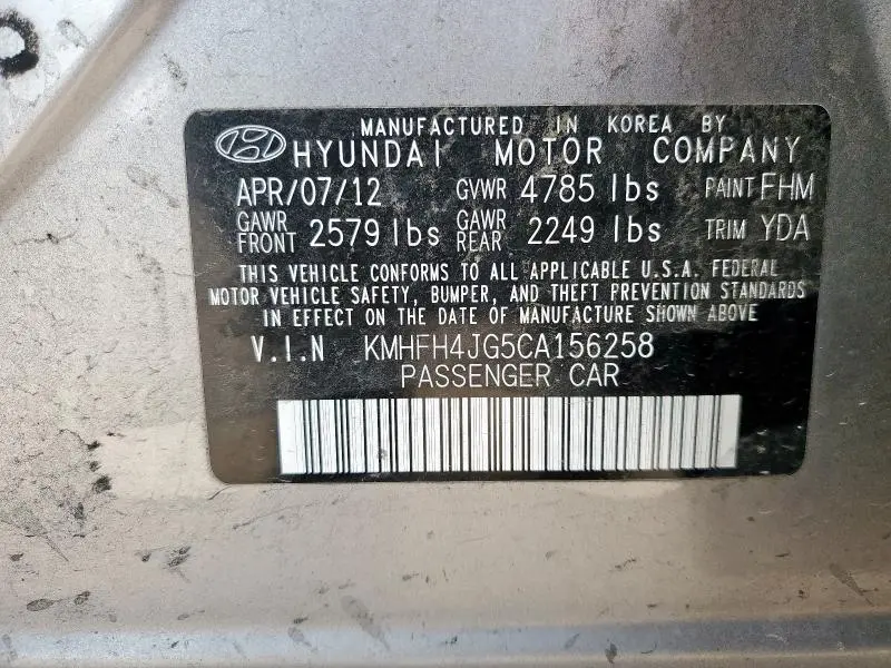 2012 HYUNDAI AZERA GLS  