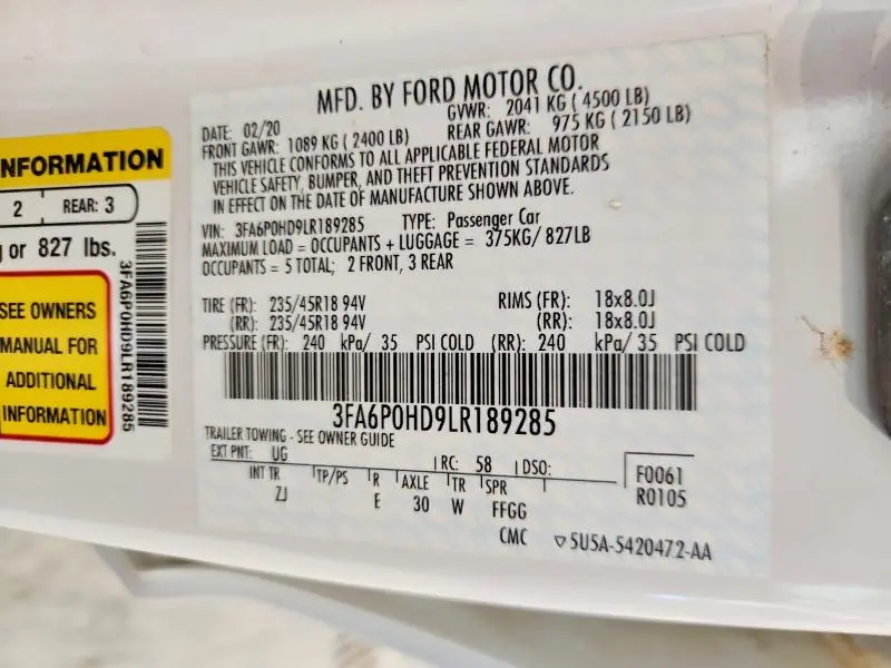 2020 FORD FUSION SE  