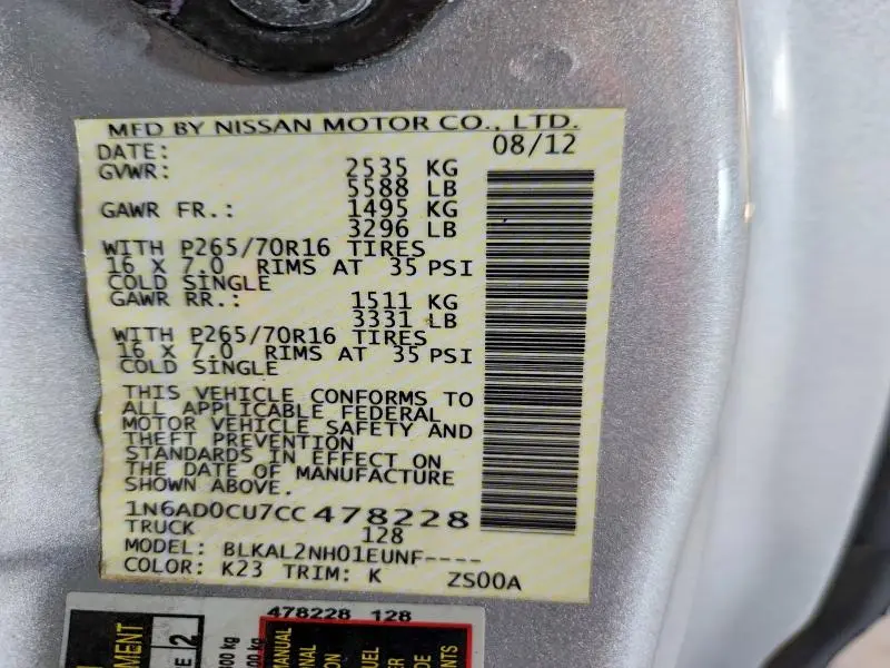 2012 NISSAN FRONTIER SV V6  